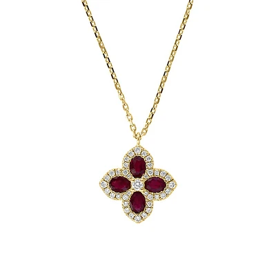 Collier avec pendentif floral en or jaune 14 carats, 0,27 ct. TW, diamant et rubis naturel