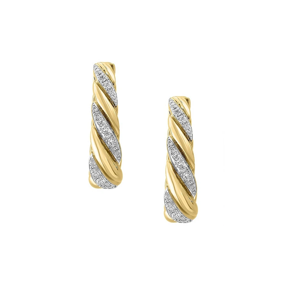 14K Yellow Gold & 0.52 CT. T.W. Diamond Two-Tone Twist Huggie Earrings