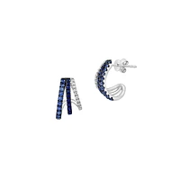 14K White Gold, 0.1 CT. T.W. Diamond & Natural Sapphire Split Hoop Earrings