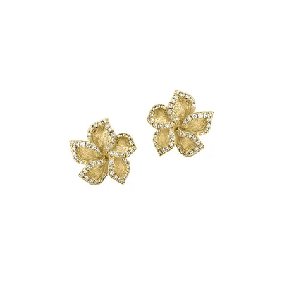 Or jaune 14 carats et or jaune 14 carats. 0,31 CT. Boucles d'oreilles à tige en forme de fleur de diamant TW