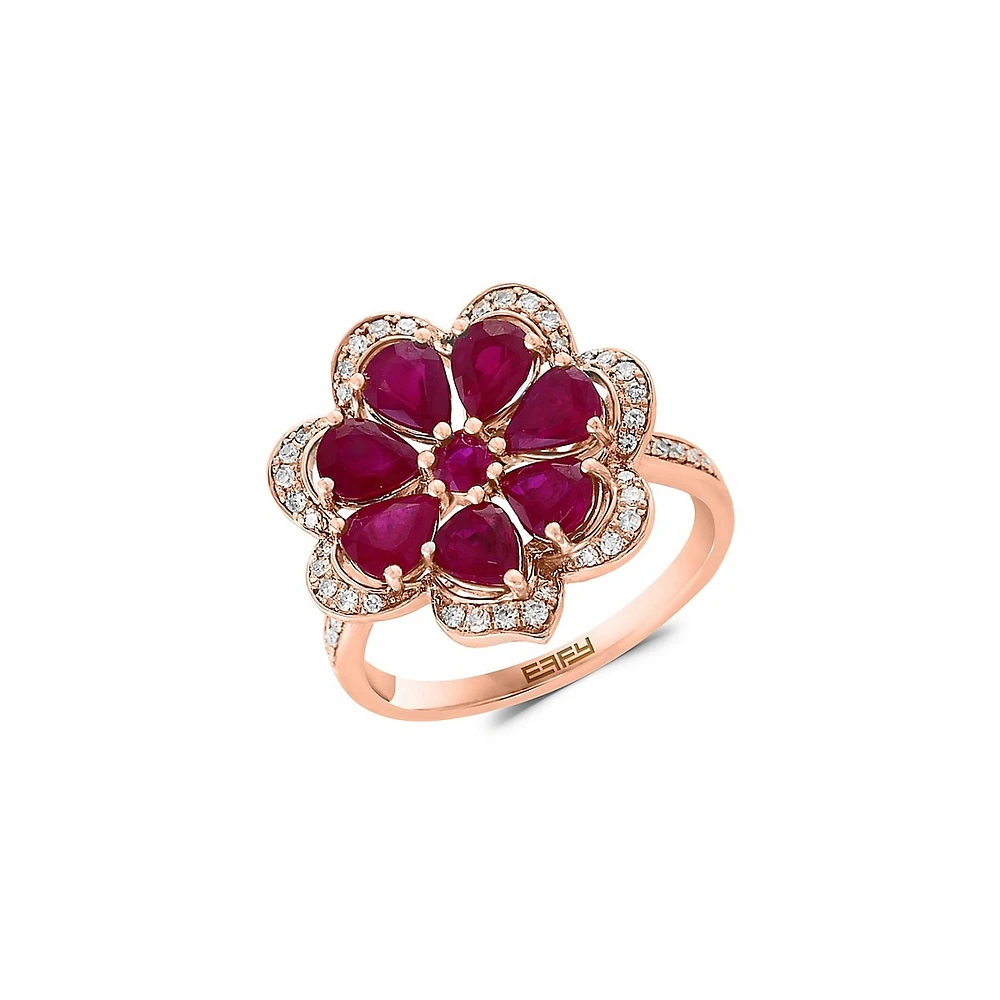 14K Rose Gold, 0.23 CT. T.W. Diamond & Natural Ruby Flower Ring