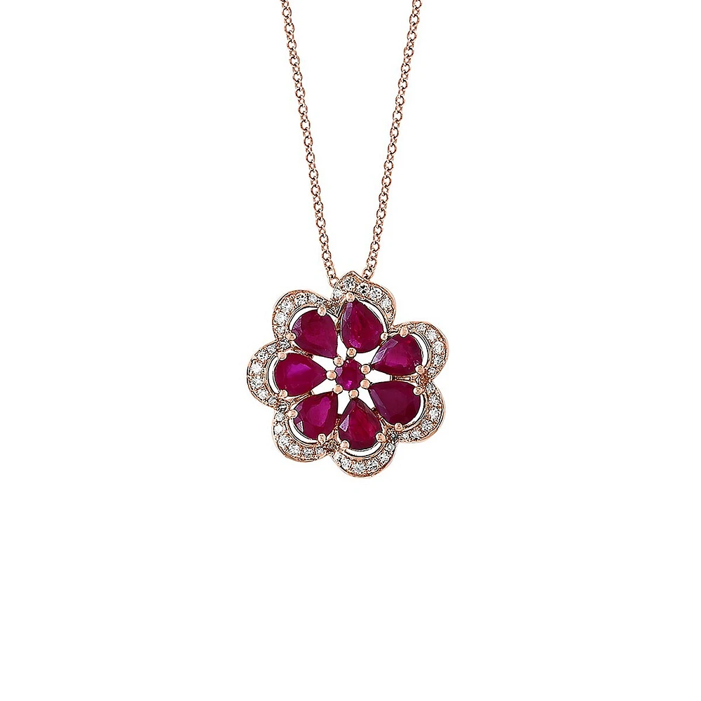 14K Rose Gold, 0.17 CT. T.W. Diamond & Natural Ruby Flower Pendant Necklace