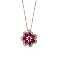 14K Rose Gold, 0.17 CT. T.W. Diamond & Natural Ruby Flower Pendant Necklace