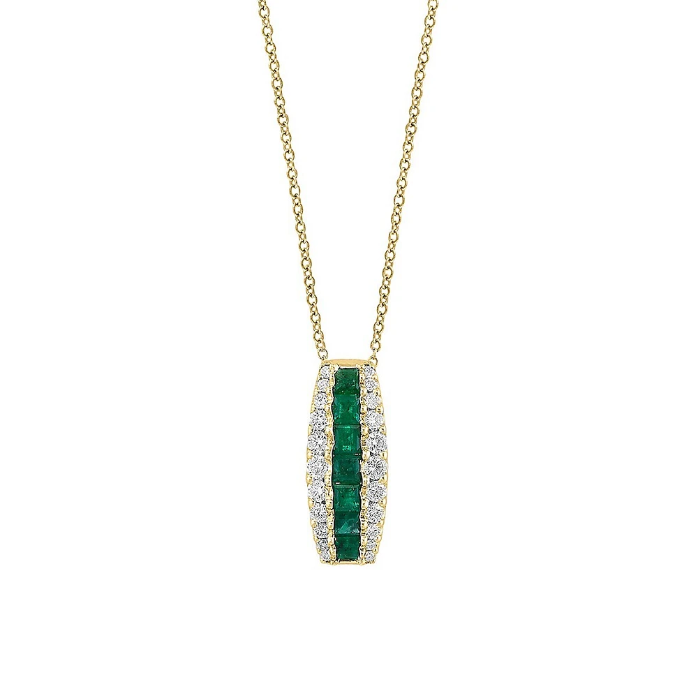 14K Yellow Gold, 0.57 CT. T.W Diamond & Natural Emerald Pendant Necklace