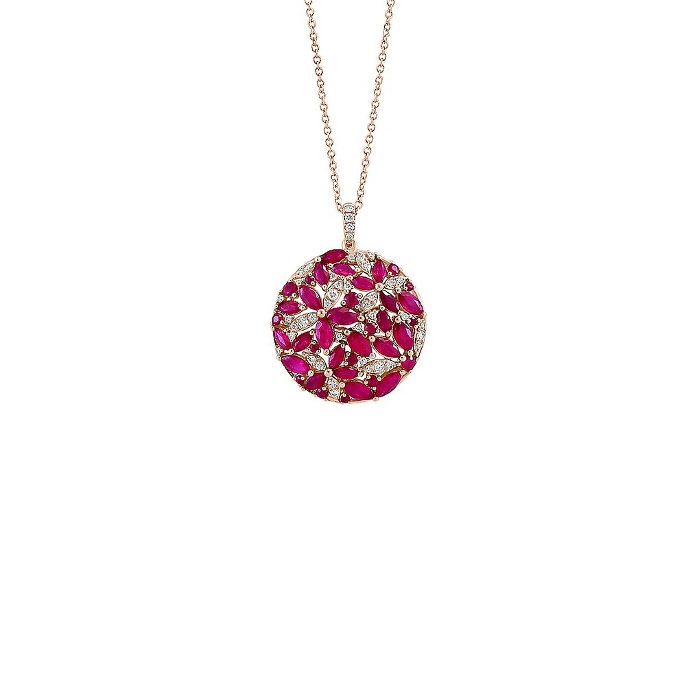 14K Rose Gold, 0.28 CT. T.W. Diamond & Natural Ruby Flower Pendant Necklace