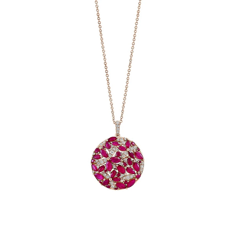 14K Rose Gold, 0.28 CT. T.W. Diamond & Natural Ruby Flower Pendant Necklace