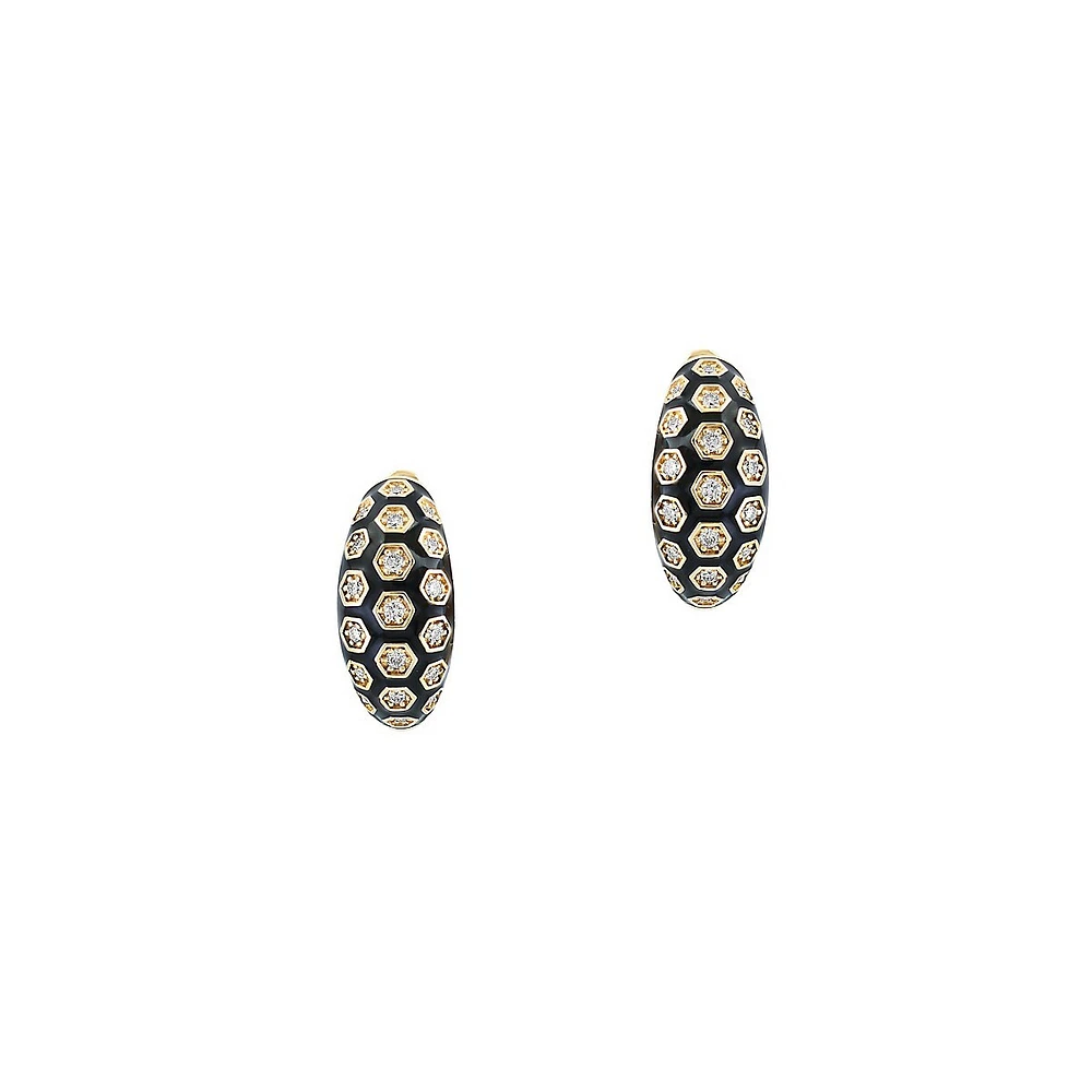 14K Yellow Gold, Black Enamel & 0.25 CT. T.W. Diamond Huggie Hoop Earrings