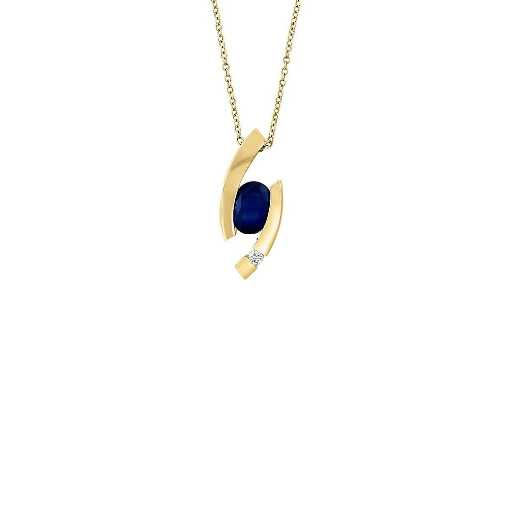 14K Yellow Gold, 0.05 CT.T.W.Diamond & Natural Sapphire Pendant Necklace