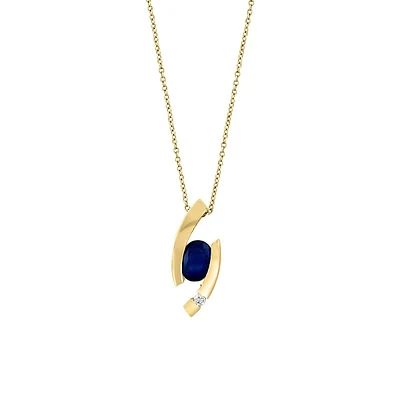 14K Yellow Gold, 0.05 CT.T.W.Diamond & Natural Sapphire Pendant Necklace