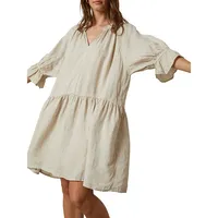 Woven Linen Three-Quarter Sleeve Dress