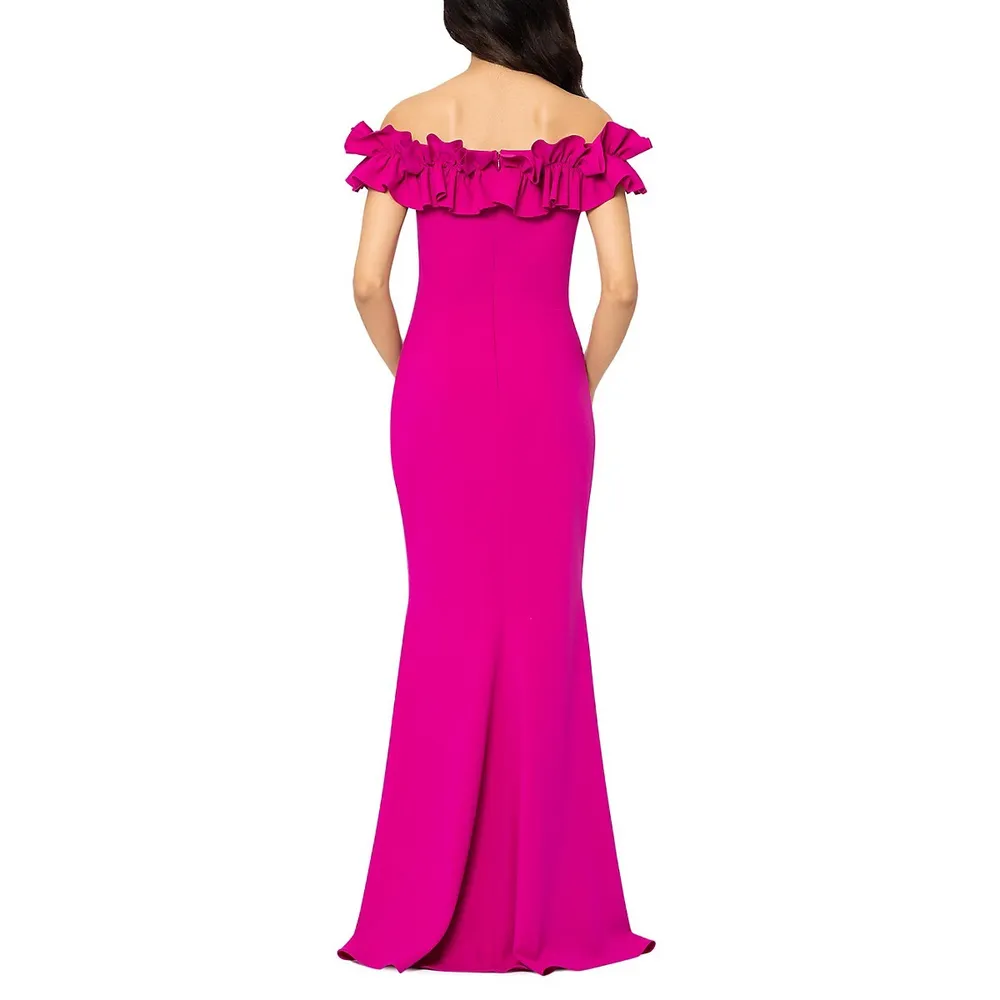 Off-Shoulder Ruffle Crepe Gown