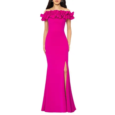 Off-Shoulder Ruffle Crepe Gown