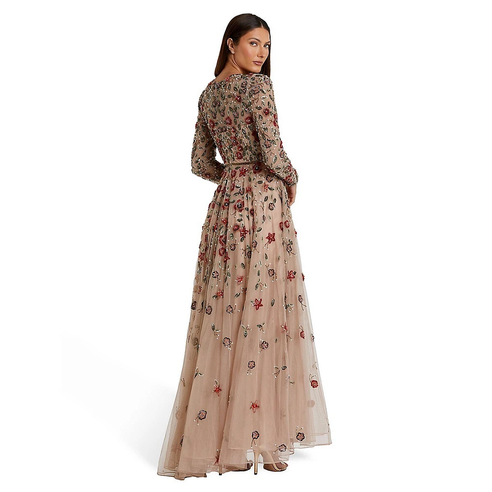 Floral-Embellished Long-Sleeve A-Line Gown