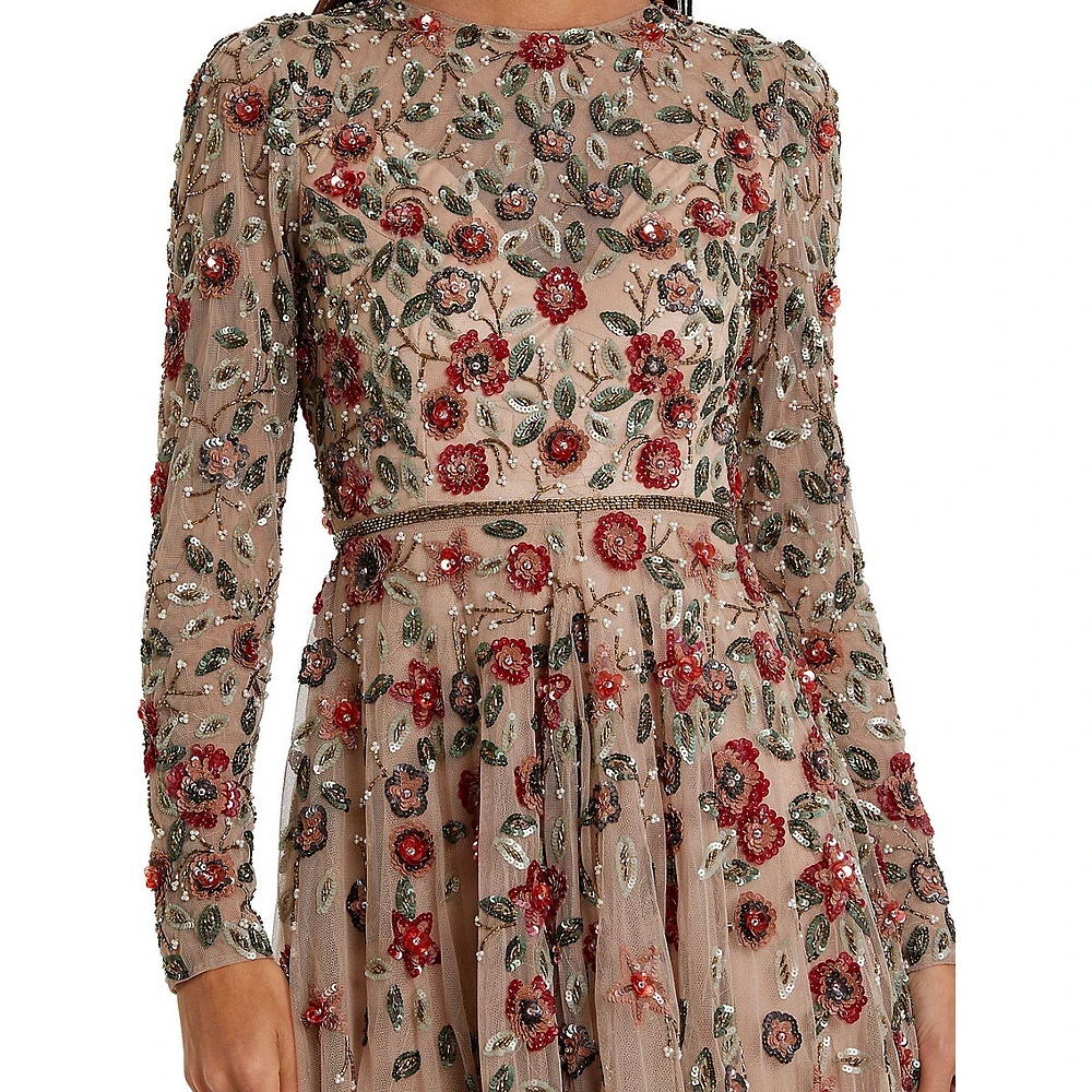 Floral-Embellished Long-Sleeve A-Line Gown