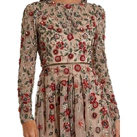 Floral-Embellished Long-Sleeve A-Line Gown