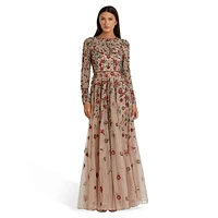 Floral-Embellished Long-Sleeve A-Line Gown