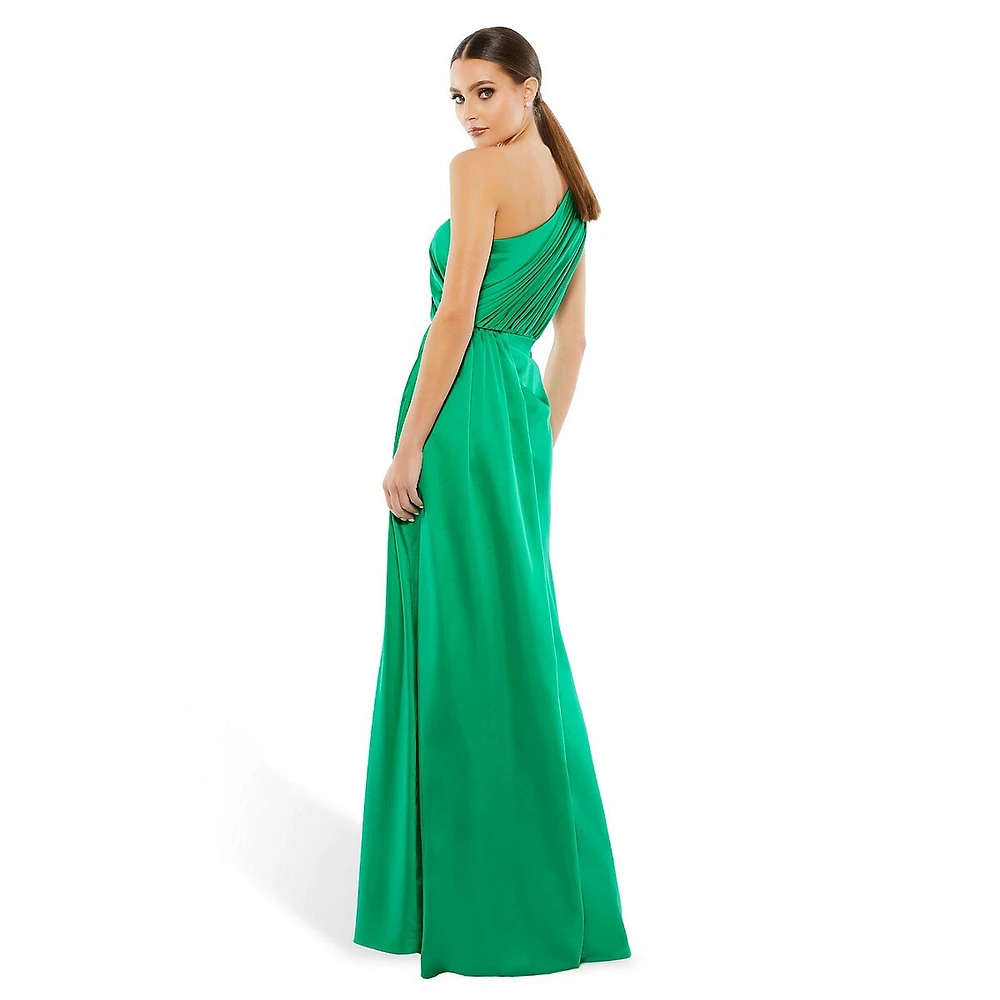 One-Shoulder Gathered Satin Faux Wrap Gown