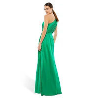 One-Shoulder Gathered Satin Faux Wrap Gown