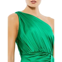 One-Shoulder Gathered Satin Faux Wrap Gown