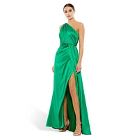 One-Shoulder Gathered Satin Faux Wrap Gown