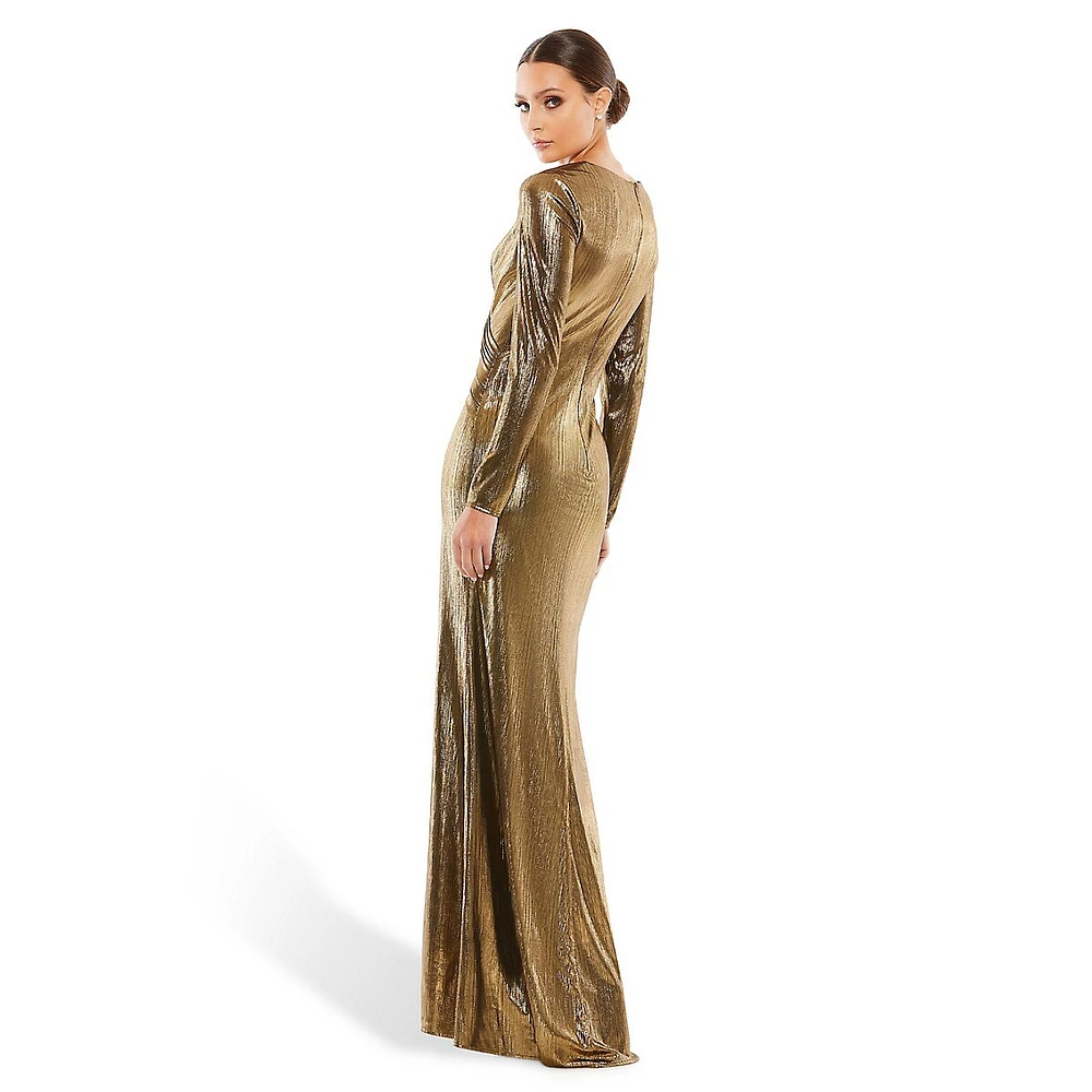 Metallic Long-Sleeve Surplice Split Gown