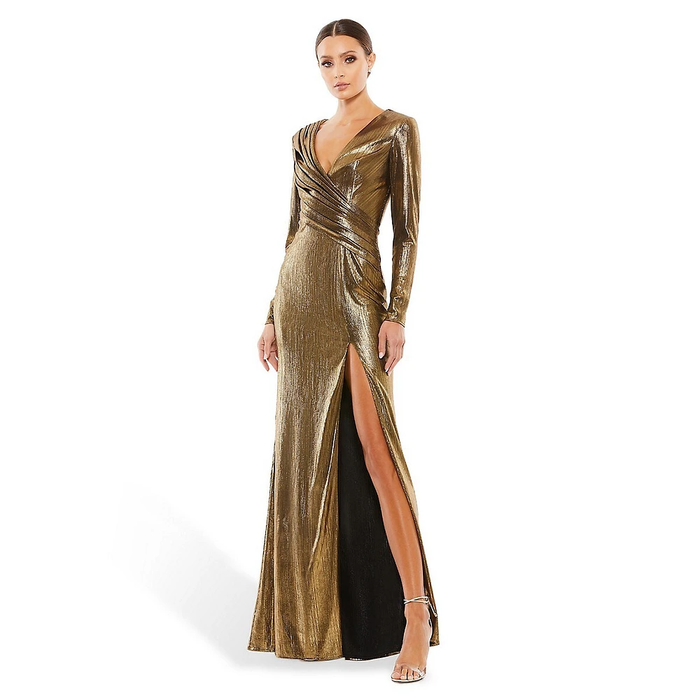 Metallic Long-Sleeve Surplice Split Gown