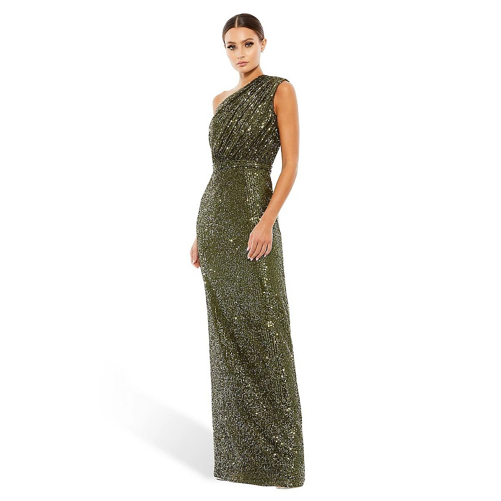 Sequined Ruched One-Shoulder Column Gown