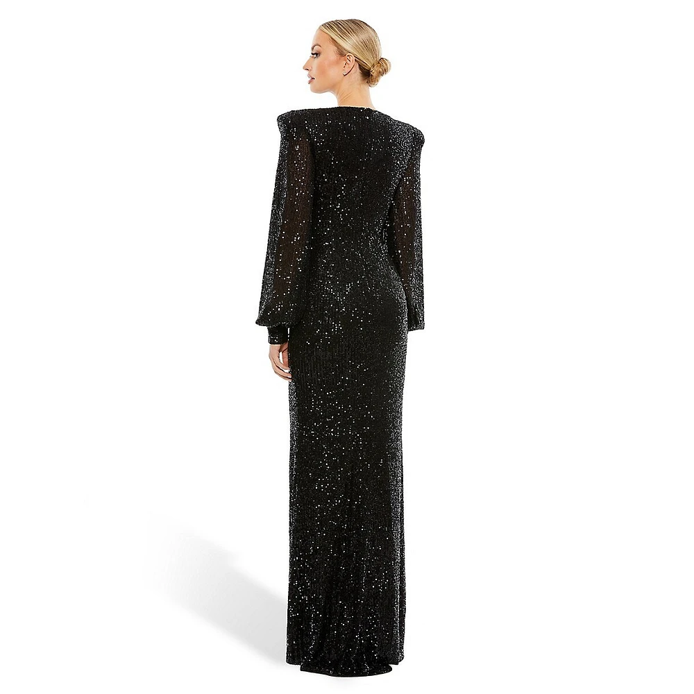 Sequined Plungeneck Bishop-Sleeve Gown