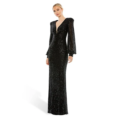 Sequined Plungeneck Bishop-Sleeve Gown