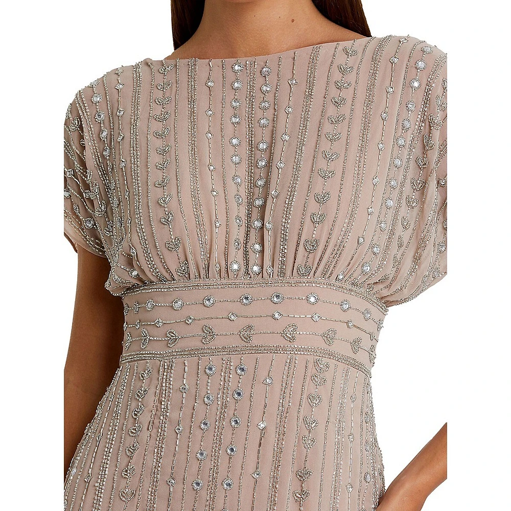 Embellished Chiffon Cap-Sleeve Column Midi Dress