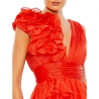 Ruffle Cascade V-Neck Chiffon Gown