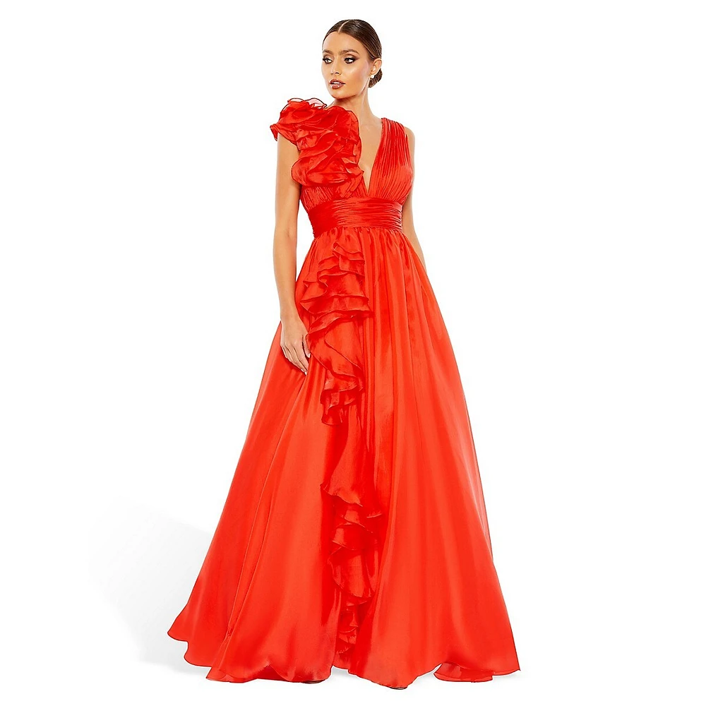 Ruffle Cascade V-Neck Chiffon Gown