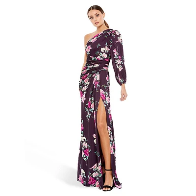 Robe longue fendue à imprimé floral asymétrique