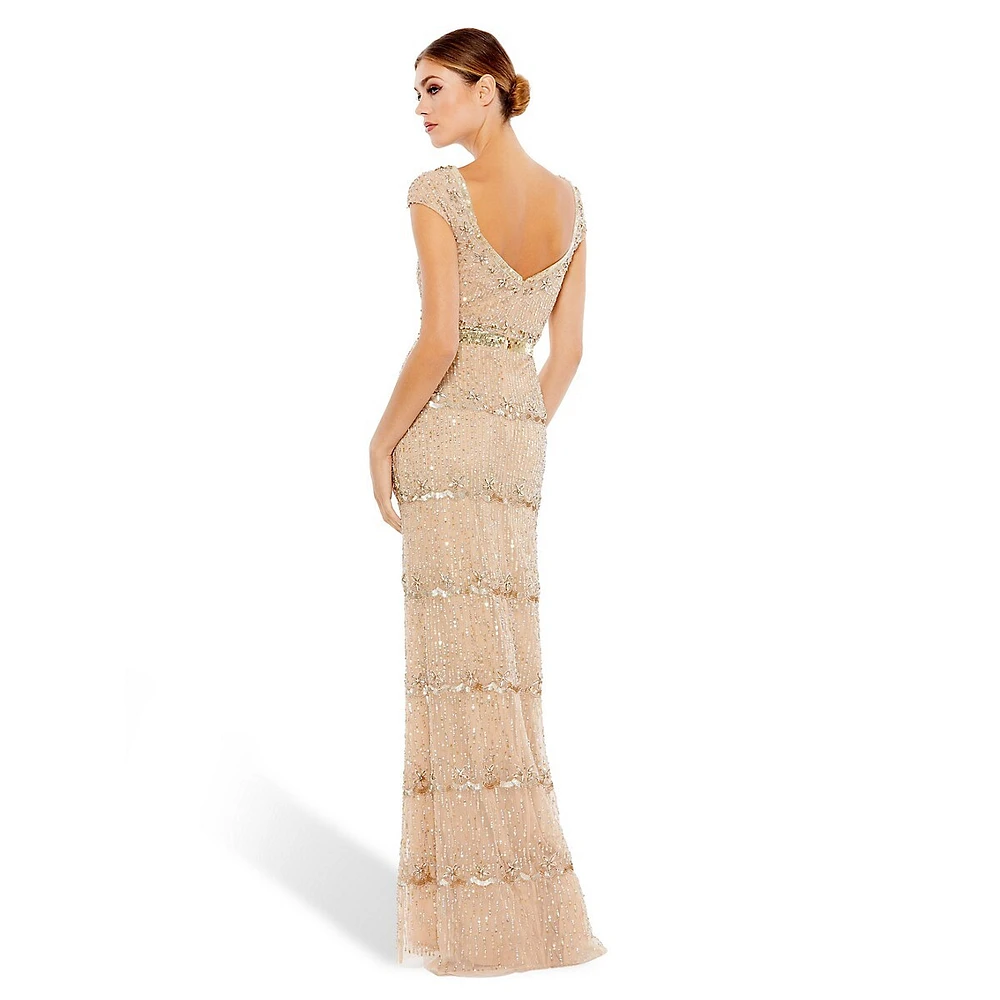 Beaded Sweetheart Cap-Sleeve Gown