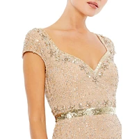 Beaded Sweetheart Cap-Sleeve Gown