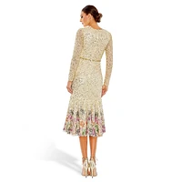 Sequined Floral V-Neck Long-Sleeve Tea Dress