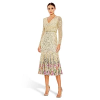 Sequined Floral V-Neck Long-Sleeve Tea Dress