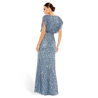 Sequined V-Neck Blouson Drape Gown