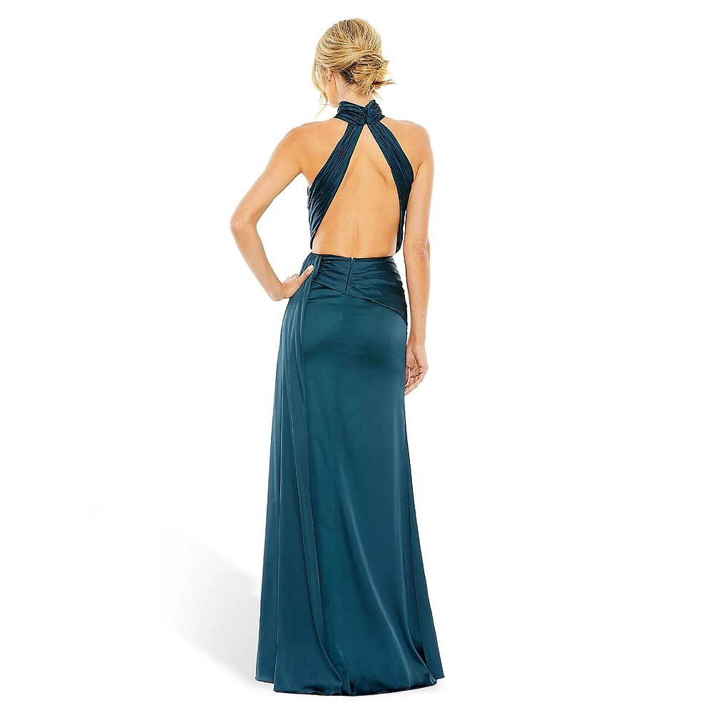 Knotted Halter Open-Back Split Gown