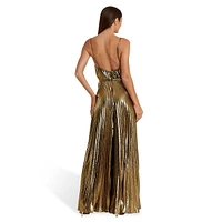 Pleated Metallic V-Neck Slip Jumpsuit