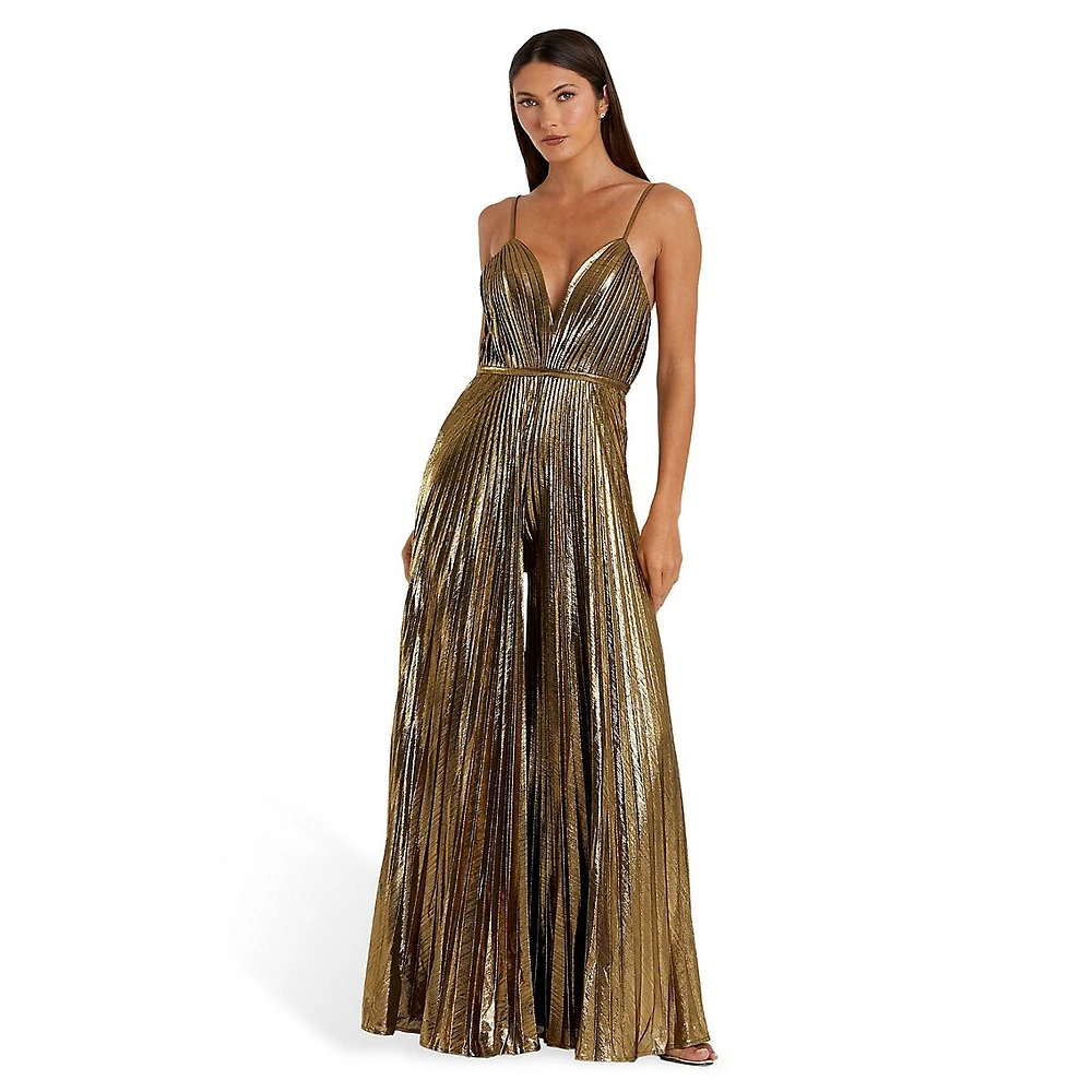 Pleated Metallic V-Neck Slip Jumpsuit