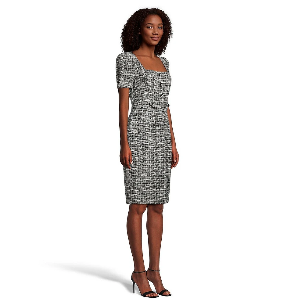 Squareneck Puff-Sleeve Bouclé Sheath Dress