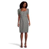 Squareneck Puff-Sleeve Bouclé Sheath Dress