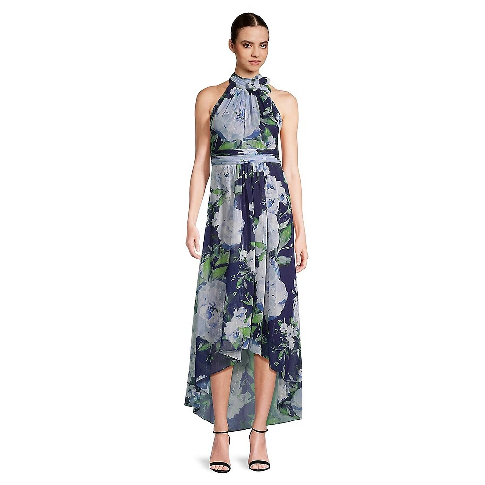 Halterneck High-Low Floral Gown