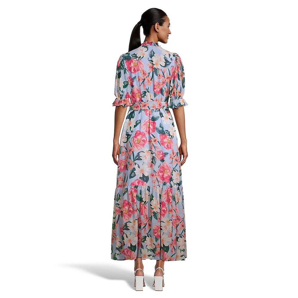 Smocked Floral Waist-Tie Maxi Dress