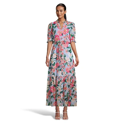 Smocked Floral Waist-Tie Maxi Dress