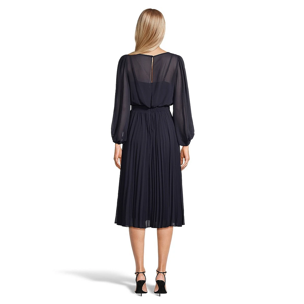 Pleated Illusion Drape Midi Dress