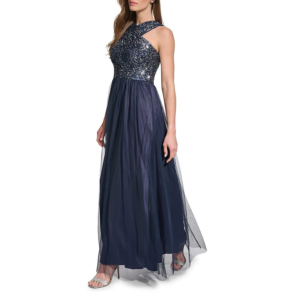 Halter Wrap Sleeveless Sequin & Tulle Gown