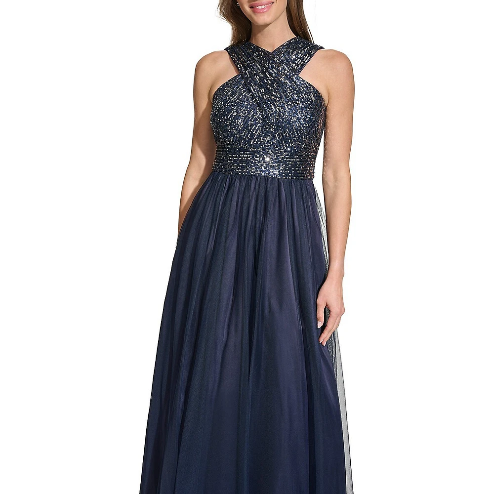 Halter Wrap Sleeveless Sequin & Tulle Gown