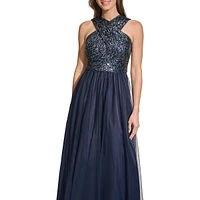 Halter Wrap Sleeveless Sequin & Tulle Gown